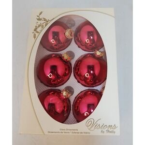 VTG Visions‎ by Holly Set of 6 Red Glass Christmas Ornaments Shiny Round Holiday